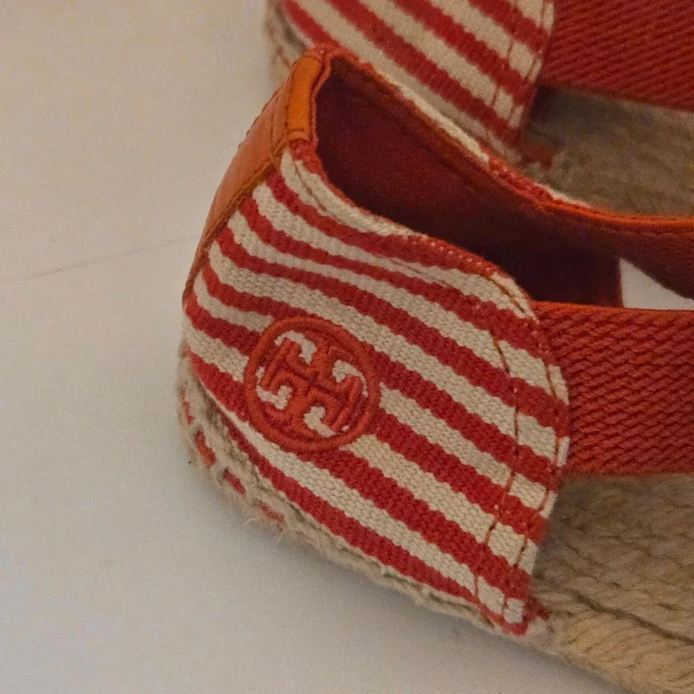 Tory Burch Striped Canvas Espadrille Flats Red White Elastic Straps Womens 7M